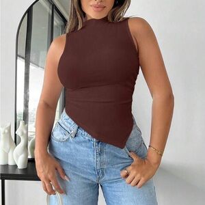 Brown Asymmetrical Fitted Tank Top